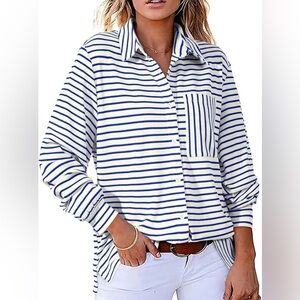 Blue & White Striped Ribbed Knit Button Down Top – Size Small